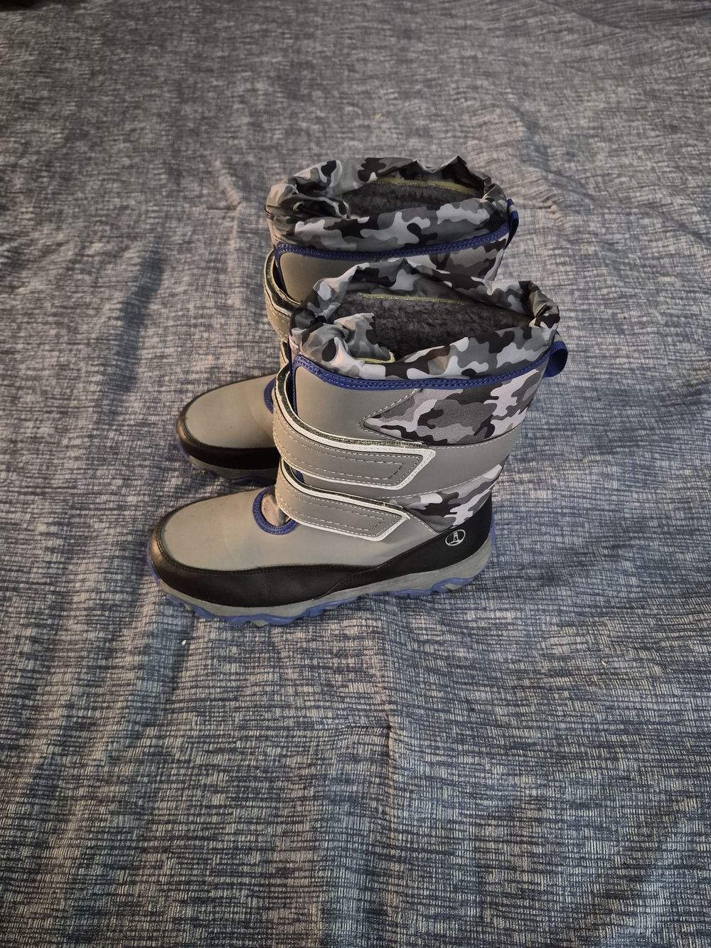 Kids Gray Camo Waterproof Winter Boots with Blue Trim